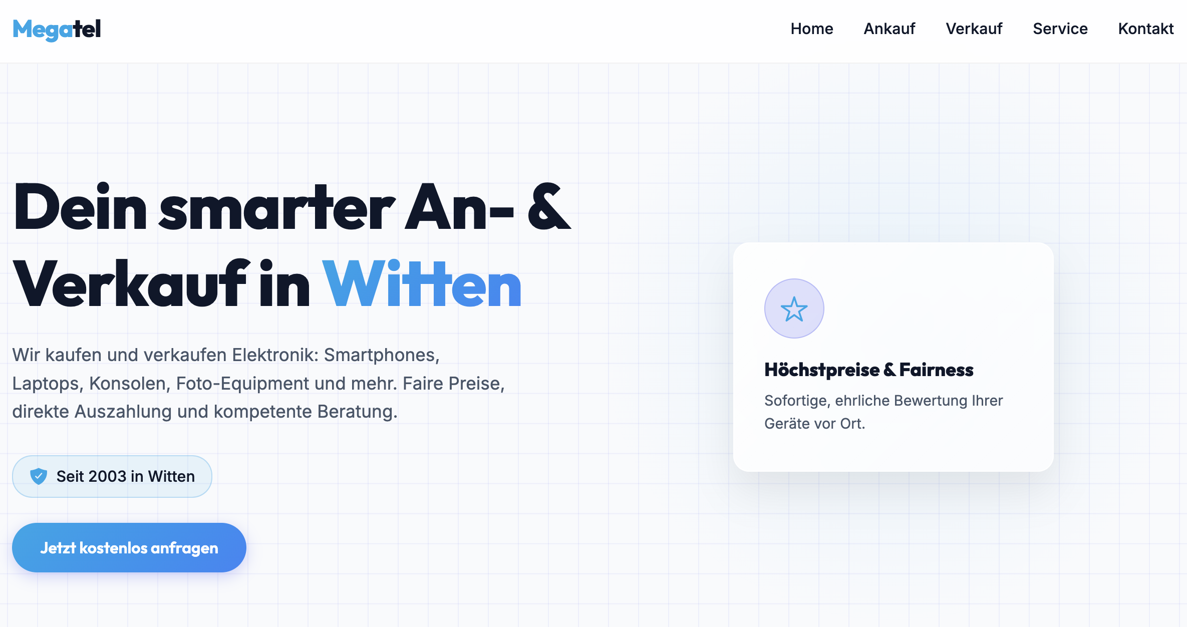 Screenshot der neuen Website für Megatel Witten